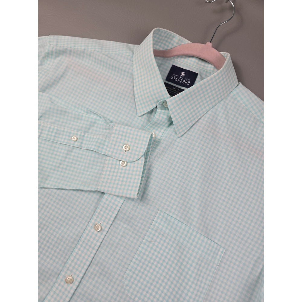 Stafford Travel Performance Gingham Shirt Mens 17 36-37 Fitted Light Blue Check